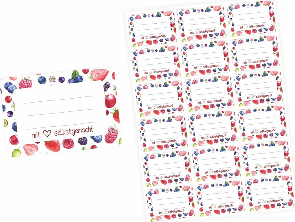 72 Blanko Etiketten Früchte - mit Liebe selbstgemacht - 64 x 45 mm