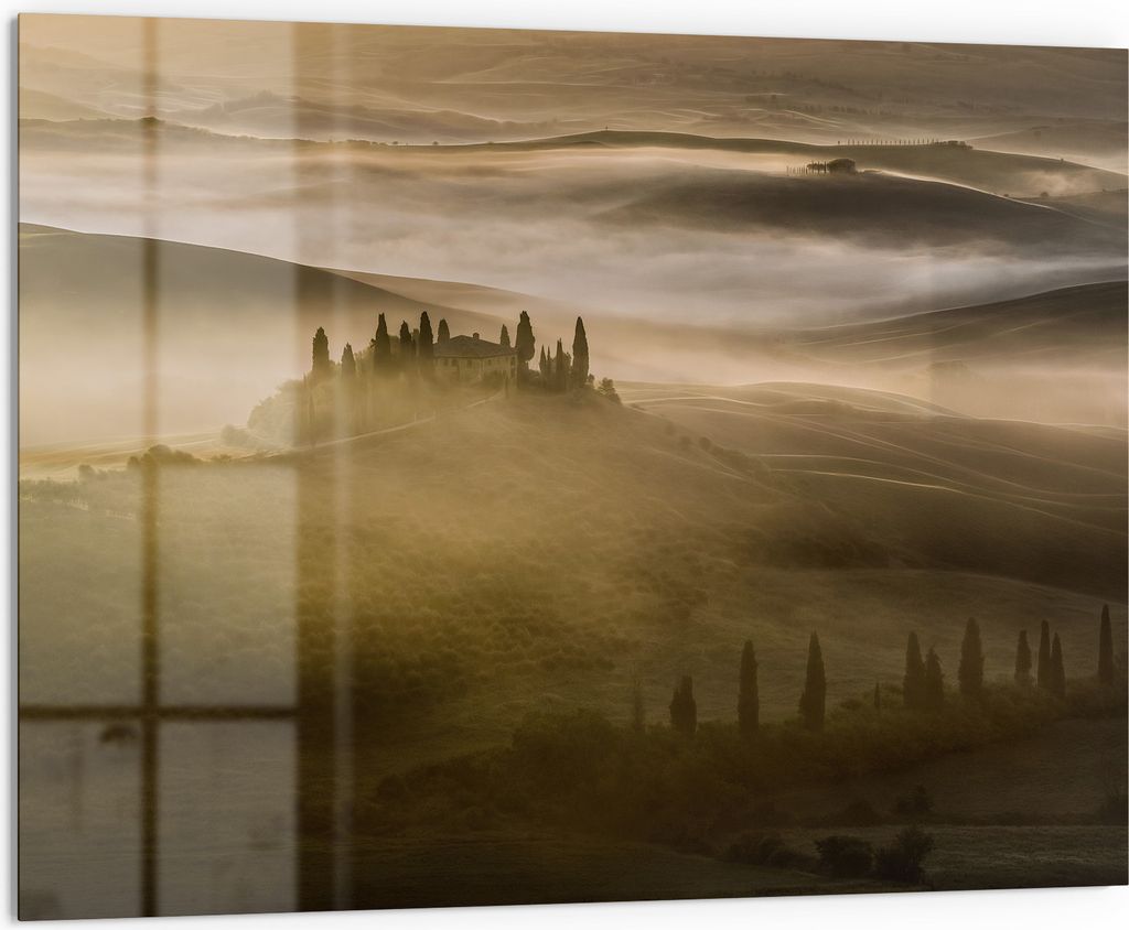 DEQORI Küchenrückwand Glas 80x60 cm 'Morgenlicht der Toskana' Spritzschutz Bad Rückwand Küche