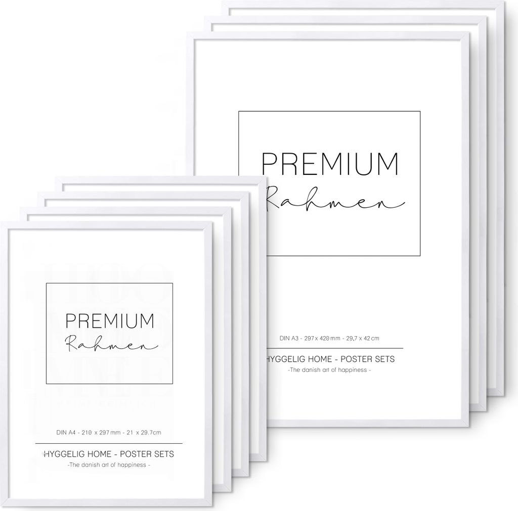 Hyggelig Home Premium Rahmen Set – 7 hochwertige Bilderrahmen aus Holz – 3 x DIN A3 + 4 x DIN A4 – passend für 7er Poster Set – weiss