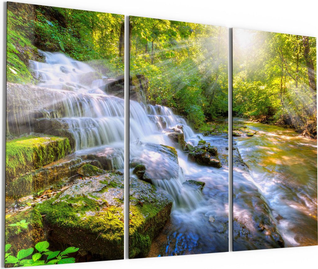 DEQORI Glasbild Echtglas 3x50x100 cm 'Wasserfall im Grünen' Wandbilder XXL groß