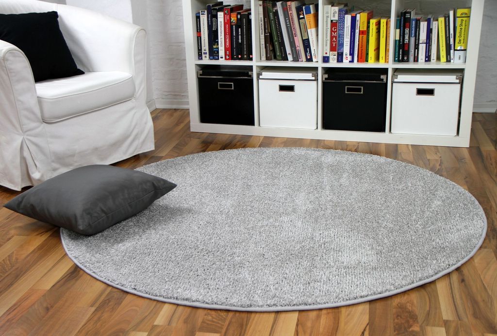 Hochflor Velours Teppich Mona Silbergrau Rund, Größe:160 cm Rund