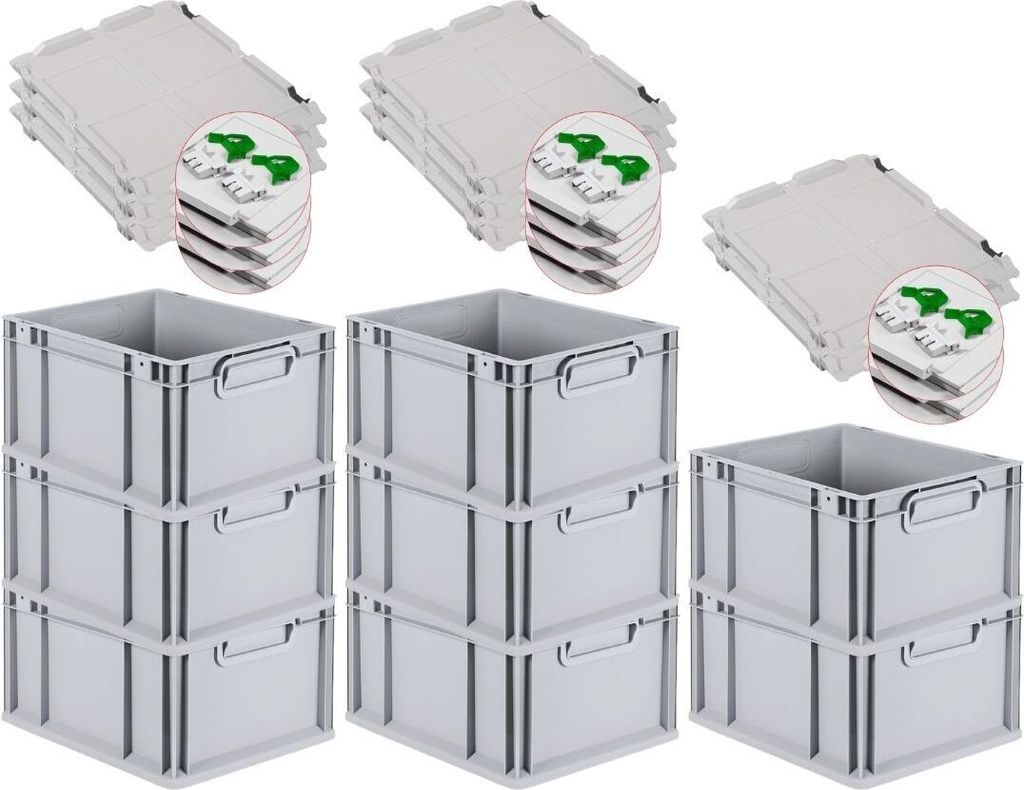 SuperSparSet 8x Eurobox NextGen Grip mit Scharnierdeckel und grünen Schiebeschnappverschlüssen | HxBxT 22x30x40cm | 20 Liter | Grau | Griffe gesc...