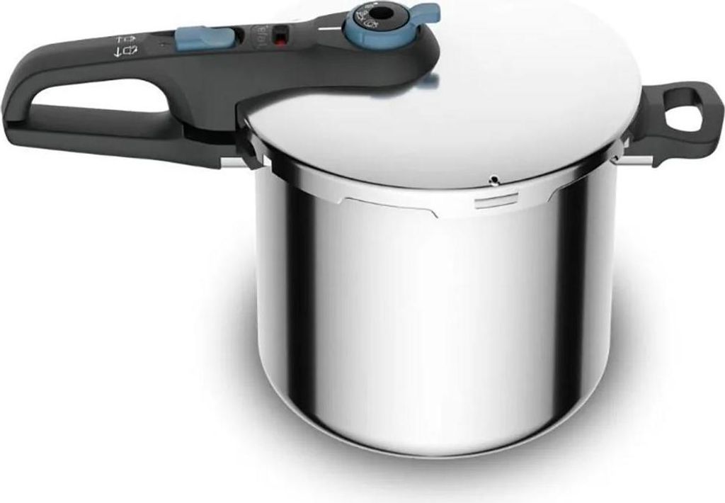 A studio shot of a pressure cooker on a white background.