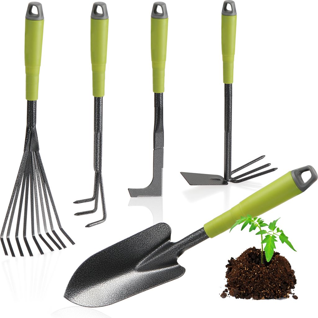 com-four 5-teiliges Garten-Werkzeug-Set - Gartenset mit Doppelhacke, Kleingrubber, Fugenkratzer, Handrechen, Blumenkelle - Gartenwerkzeug für Pf...