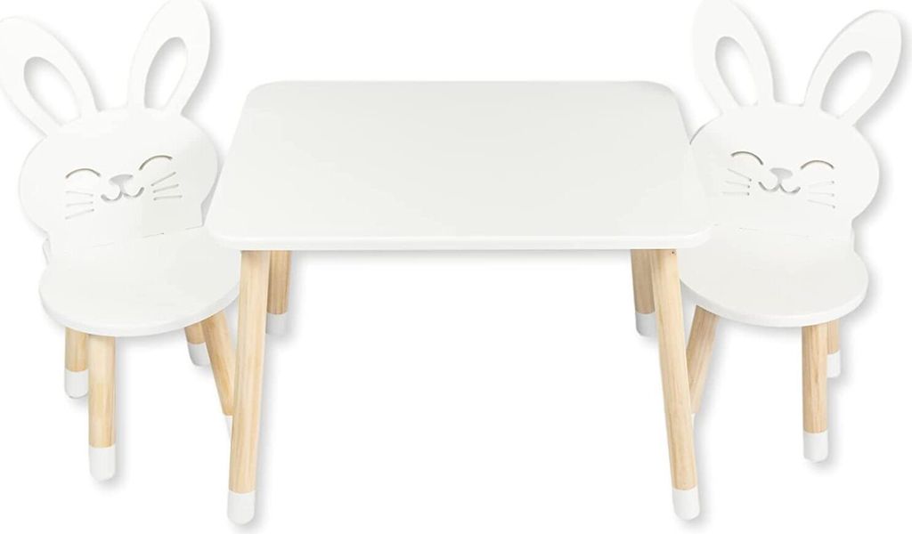 DEKORMANDA - Kindertisch mit Stühle - Kinderzimmer Möbel - EIN Stuhl in Hasenform für Kleine Tierfreunde - Weißer Tisch Kinder mit 2 Lehrstuhl ...