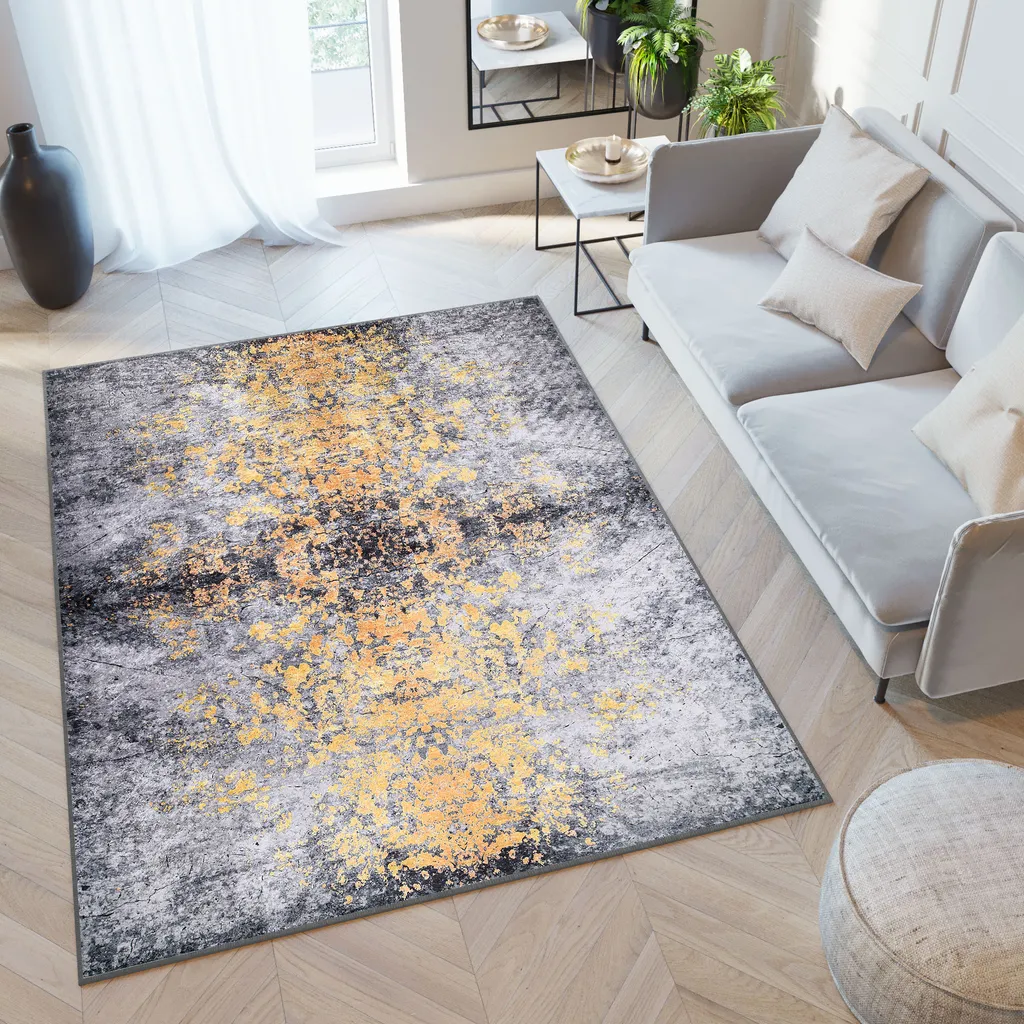 Tapis Salon Gris Jaune 200 x 300 cm Design Moderne pour Grand Séjour