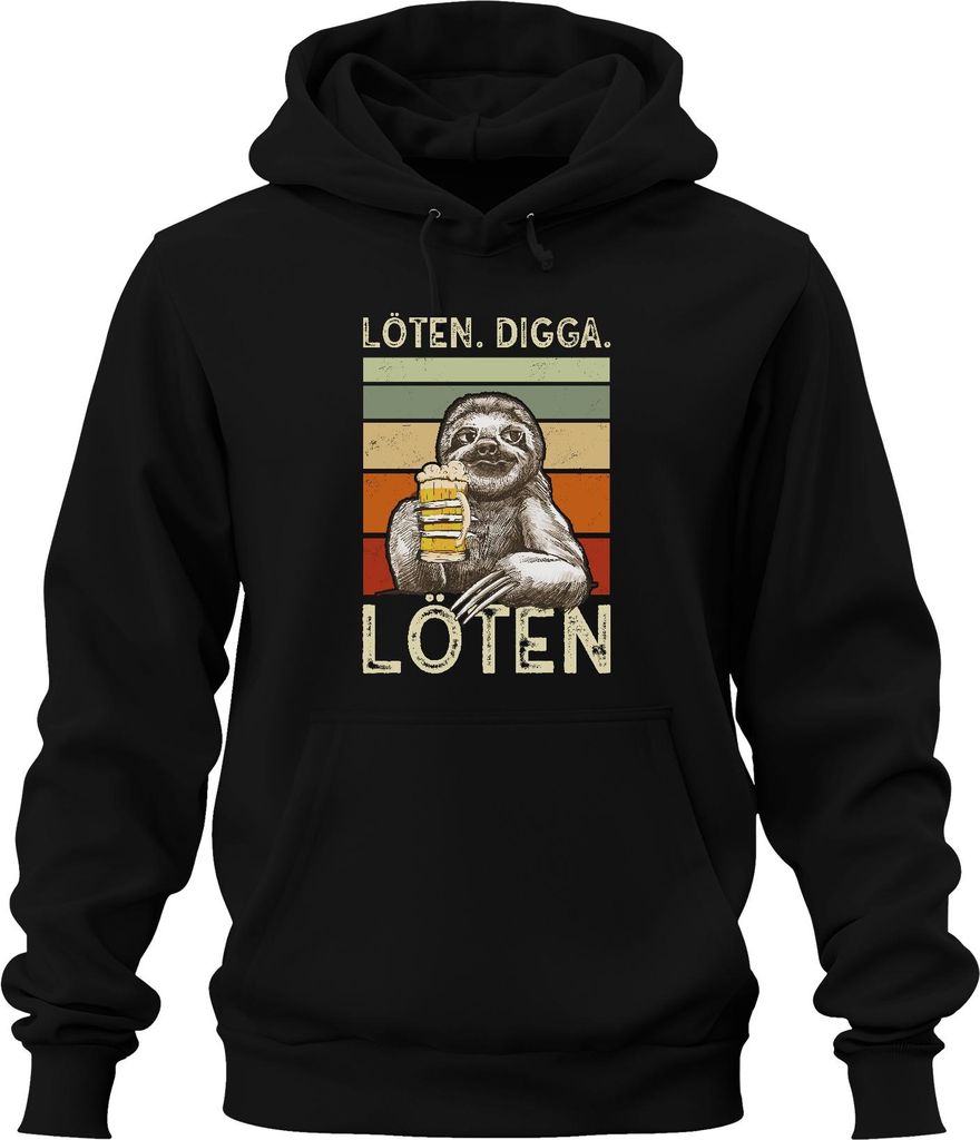 LÖTEN DIGGA Faultier Bier Retro Vintage lustig Party Geschenk Uni Hoodie Kapuzenpullover, Schwarz, XL
