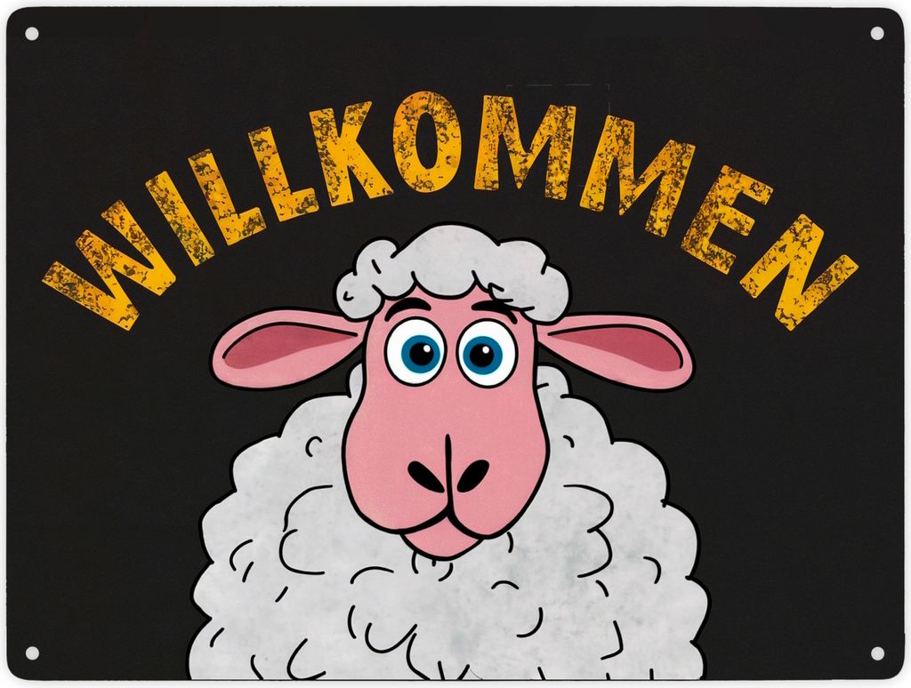 Willkommen Cartoon Schaf Metallschild XXL in 28x38 cm für Haustür