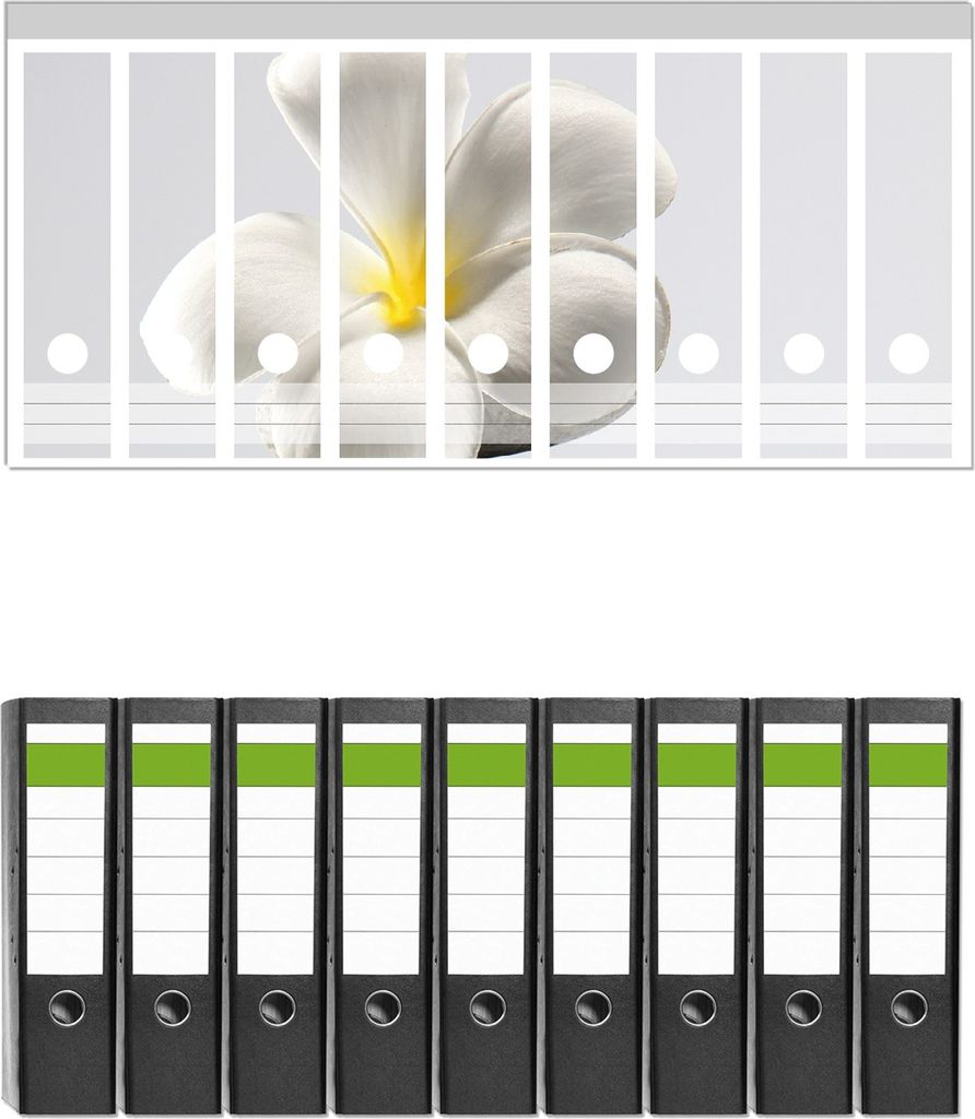 Wallario 9 Stück breite Ordner inkl. Klebeetiketten mit Motive Blume auf gestapelten Steinen - Set mit Rückenschildern / Ordnerrücken Stickern
