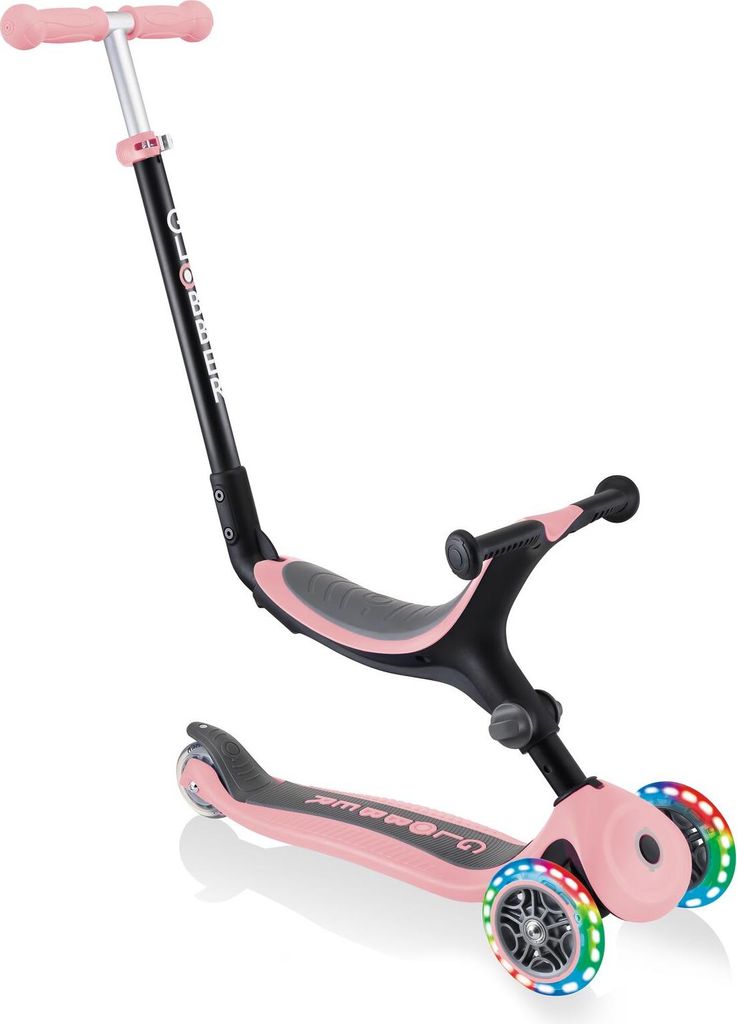 GLOBBER GO-UP FOLDABLE LIGHTS – 3 in 1 Dreirad, 120/80 mm, ABEC 5, 3-rädrig, höhenverstellbar, LED-Rollen, pastellrosa