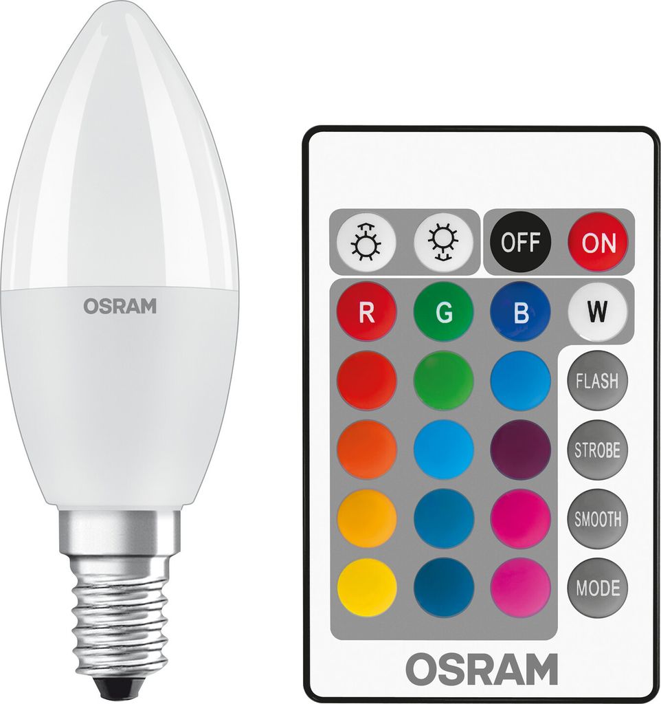 A white LED candle light bulb and a remote control with color and function buttons.