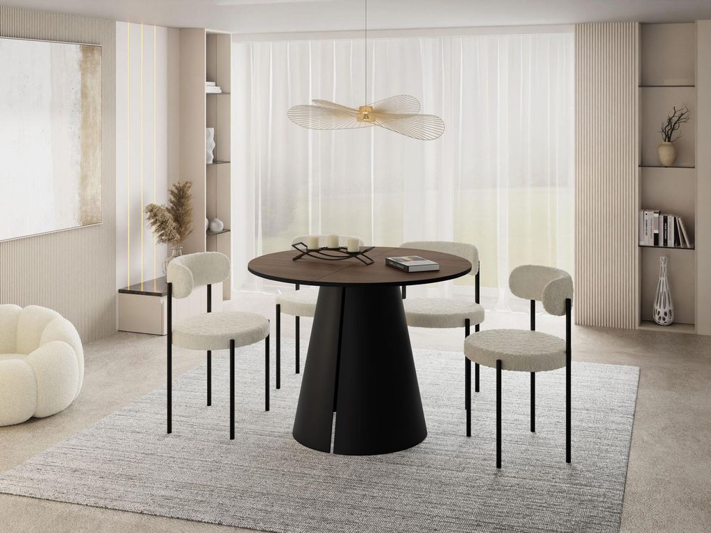 Esstisch Rund Ausziehbar im Loft-Stil – 120 bis 200 cm – Industrieller Platzsparender Tisch mit Schwarzen Konischem Metallbeinen für 6 bis 10 ...