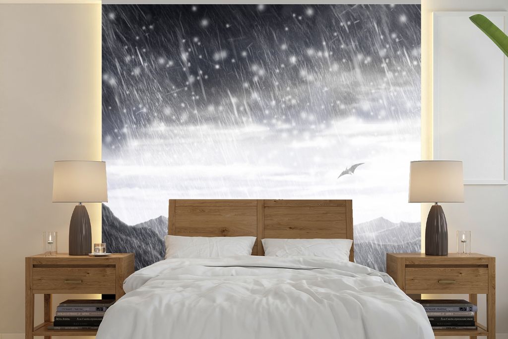 MuchoWow Fototapete für Wohnzimmer oder Schlafzimmer Wandtapete Vinyl Motivtapete Dinosaurier - Schwarz - Weiß - Regen - 280x280 cm - Hintergru...