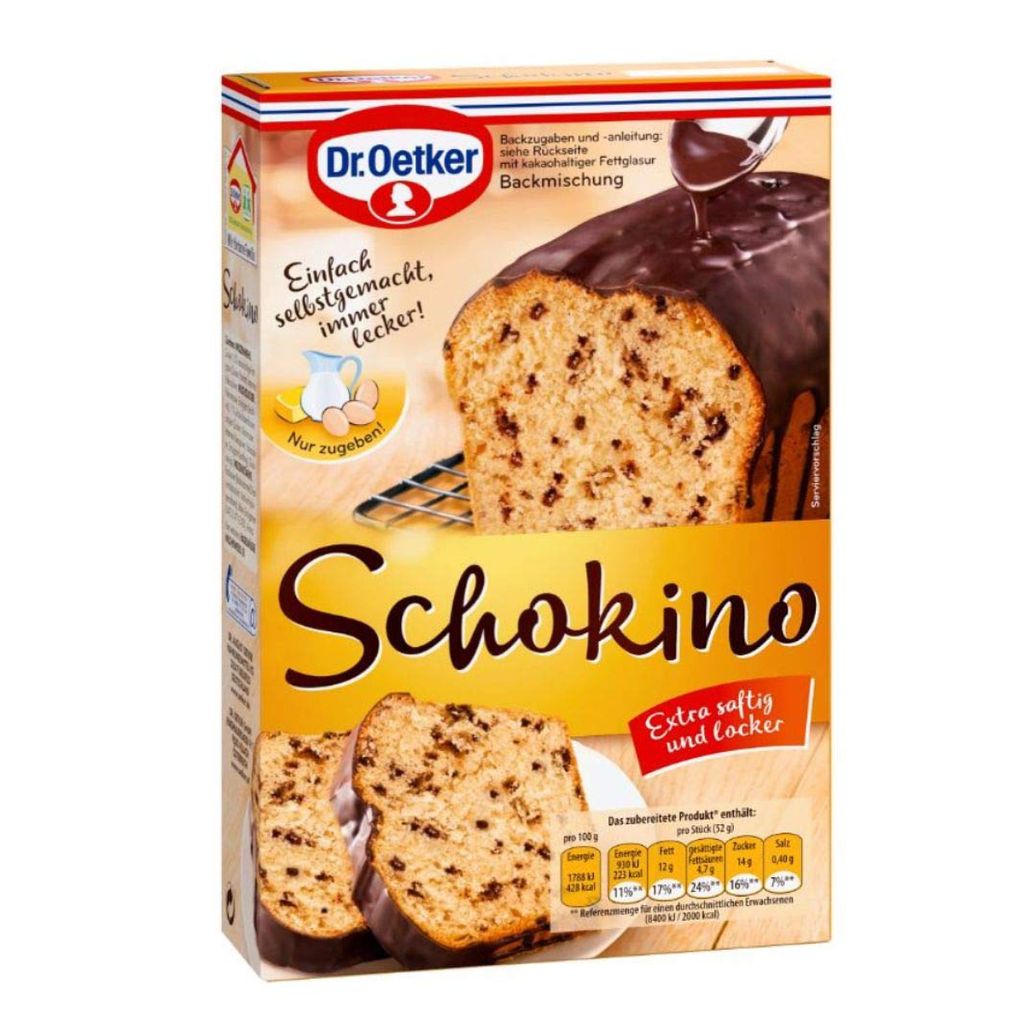 A product box for Dr. Oetker Schokino cake mix, featuring an image of a chocolate chip cake.