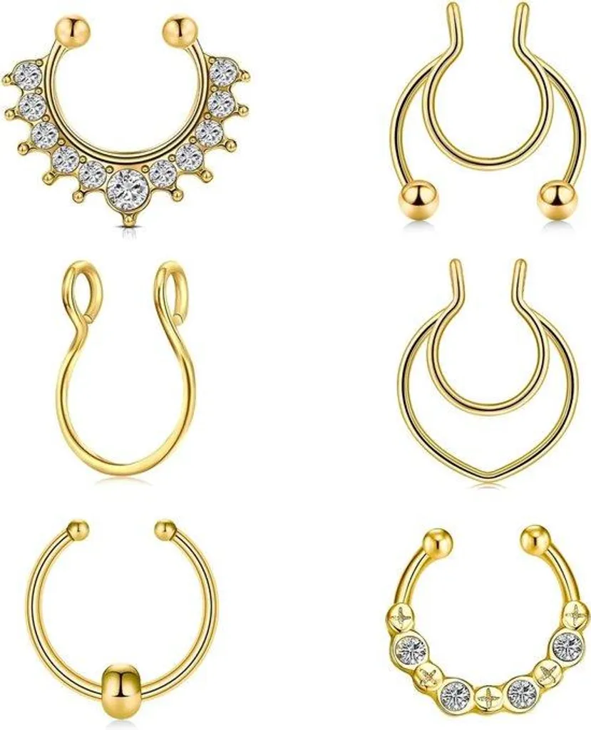 Pack de 6 faux piercings dorés pour nez et oreilles sans perçage requis