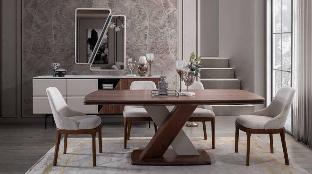 Braun-Weiß Esszimmer Garnitur Esstisch 4x Stühle Kommode Spiegel 7tlg