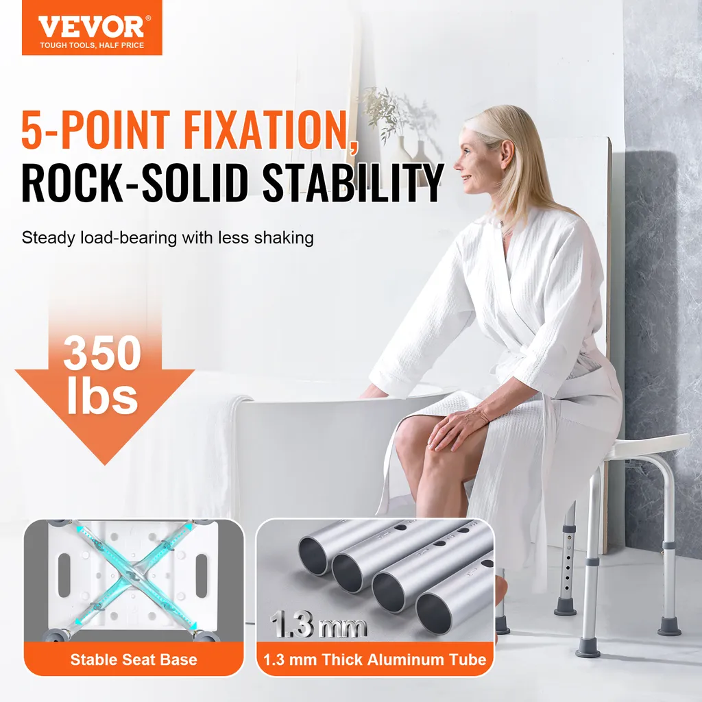 VEVOR sgabello da doccia sedia da doccia 360-485 mm regolabile in altezza, sgabello da bagno sedile da bagno 158,8 kg capacità di carico, stabile sgabello da doccia ausilio da bagno telaio in lega di alluminio, sedile da doccia sgabello da bagno bianco - 2