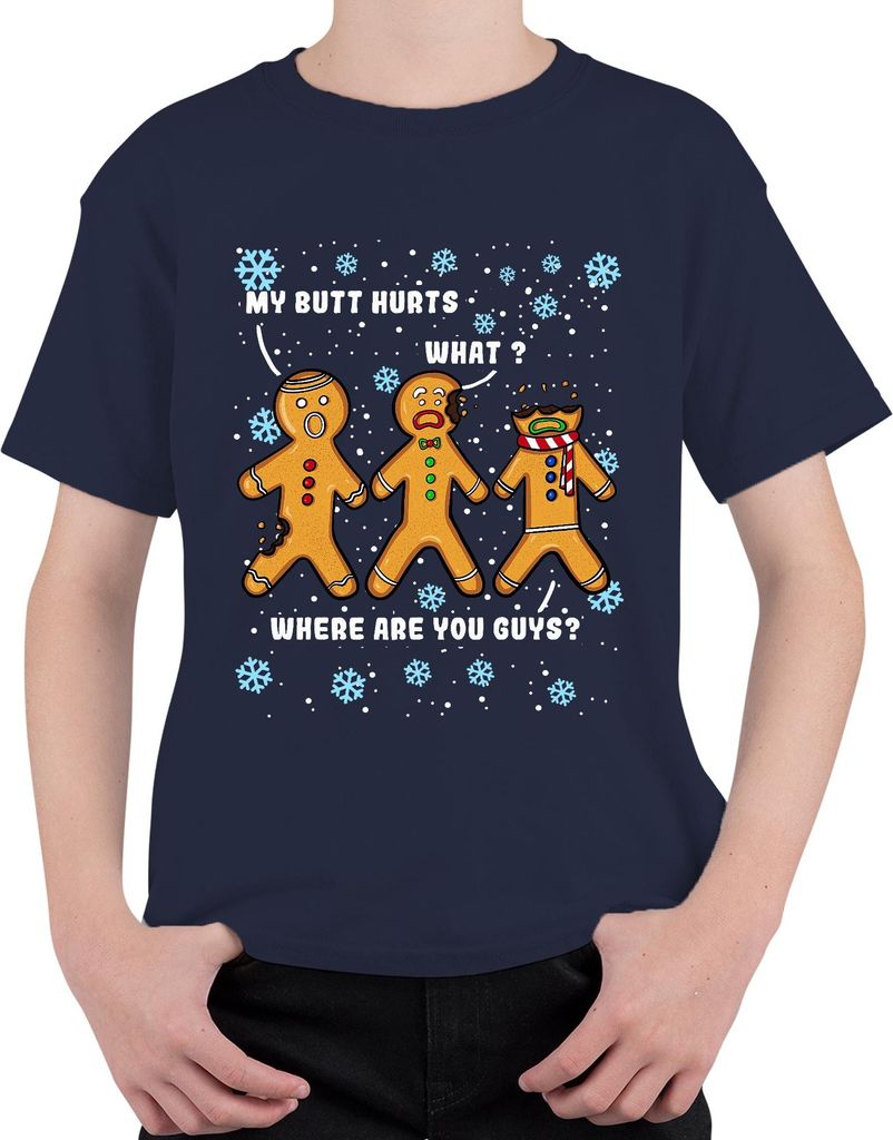 Gingerbread Mann Weihnachten My Butt Hurts Was Wo seid ihr Guys Uni Kinder T-Shirt, Navy, 104
