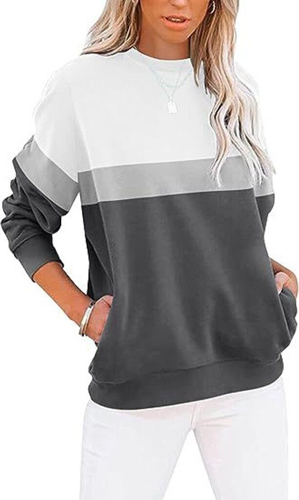 ASKSA Damen Pullover Rundhals Langarm Sweatshirt Casual Lose Farbblock Herbst Winter Oberteile Oversize Tops, Weiss&Schwarz, XL