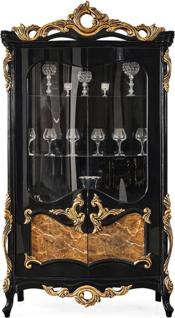 Casa Padrino Luxus Barock Vitrine Schwarz / Braun / Gold 156 x 50 x H. 220 cm - Prunkvoller Massivholz Vitrinenschrank mit 2 Glastüren - Barock M...