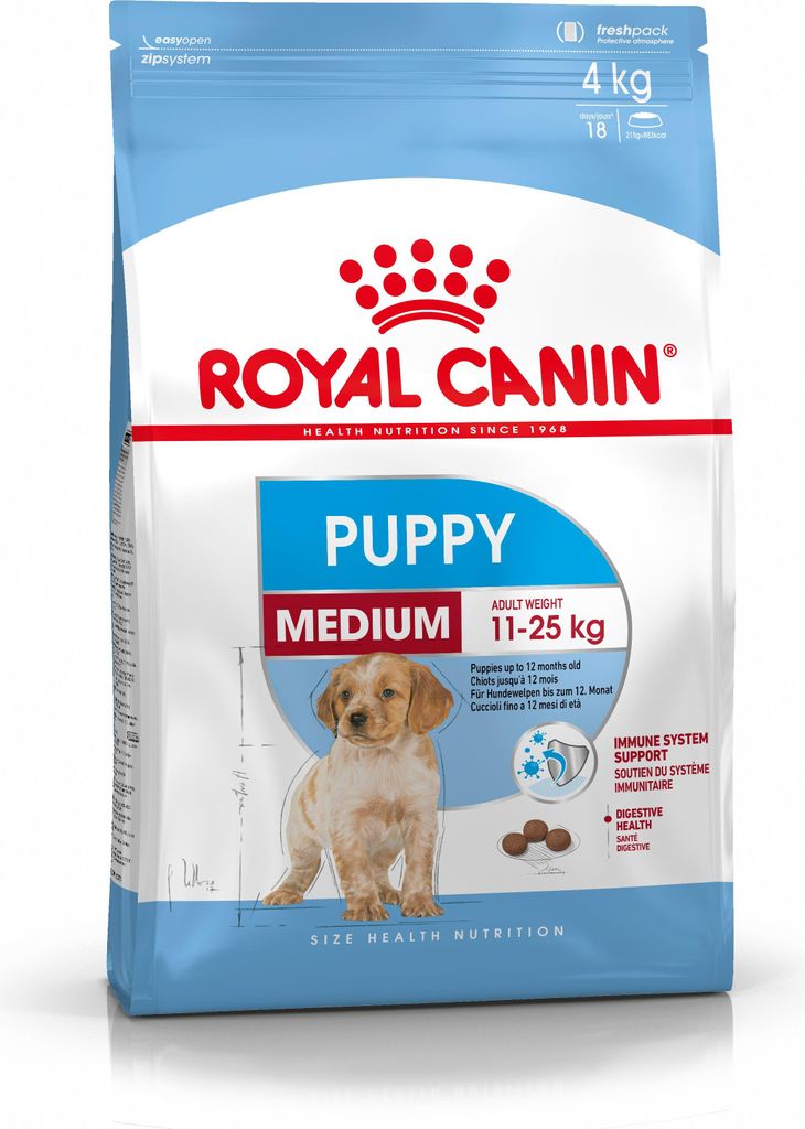 A bag of Royal Canin Medium Junior dog food.