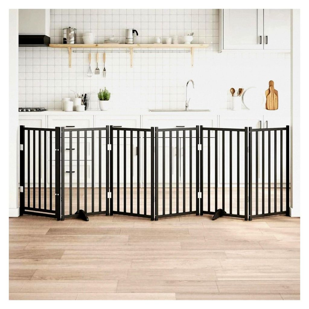 6-teiliges Hundetor mit Tür, faltbar, schwarz, 300 cm, aus massivem Tannenholz, freistehendes Hundegitter, modularer Haustierzaun für Türen, Tre...