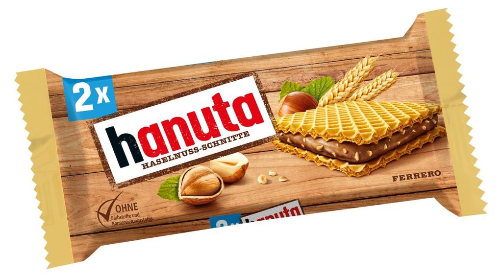 Hanuta Haselnuss Schnitte mit feinherber Kakaocreme und Produktbild 