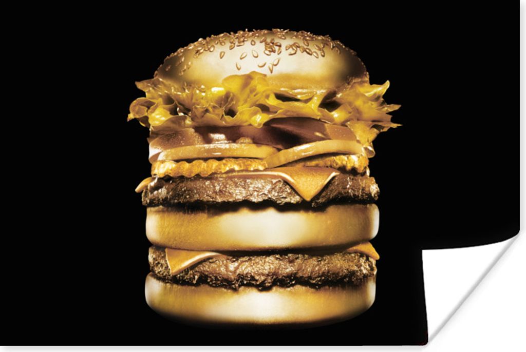 MuchoWow Poster Goldener Hamburger auf schwarzem Hintergrund. 120x80 cm - Bilder