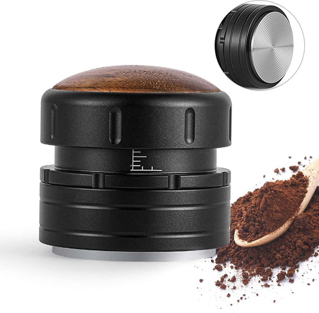 58,35 mm Kaffeestampfer, konstanter Druck, langsame Rueckfederung, hoehenverstellbar mit Skala, Gewindesockel aus Edelstahl SUS 304, Gehaeuse aus A...
