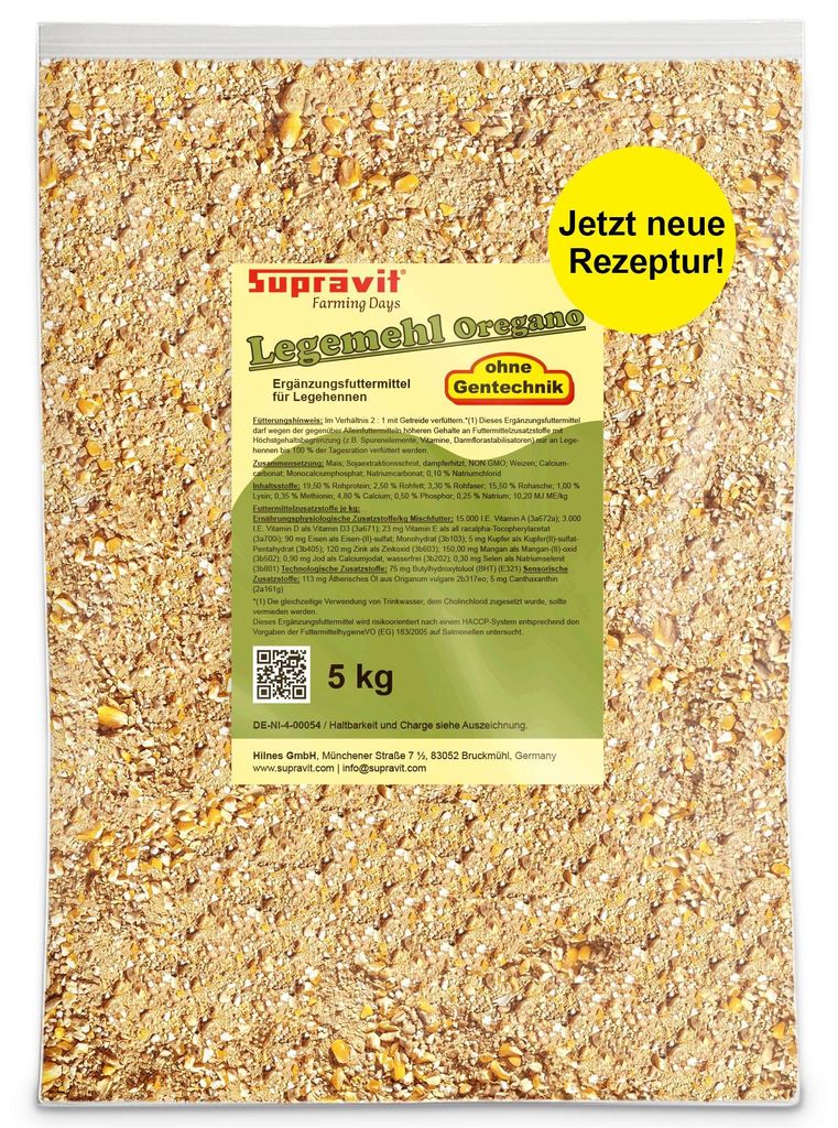 Supravit Legemehl für Hühner 5kg | GVO - Gentechnik frei | Für stabile Eierschalen und hohe Legeleistung