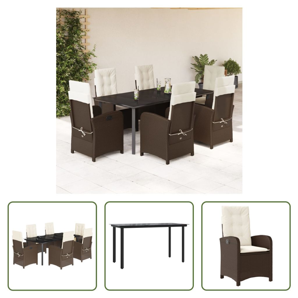 The Living Store 7-tlg. Garten-Essgruppe mit Kissen Braun Poly Rattan
