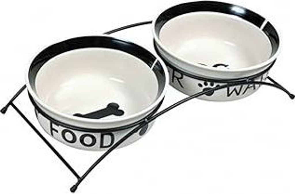 Napf-Set, Keramik/Metall, 2 × 0,6 l/ø 15 cm/32 × 9 × 15 cm, weiß/schwarz