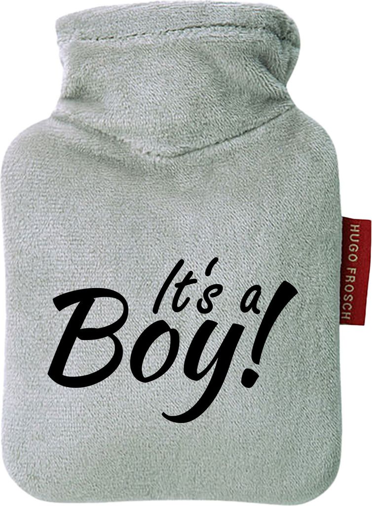 Huuraa Mini-Wärmflasche It`s a Boy! Schriftzug 0,2 Liter Grey Mini Veloursbezug Taschenwärmer Geschenkidee