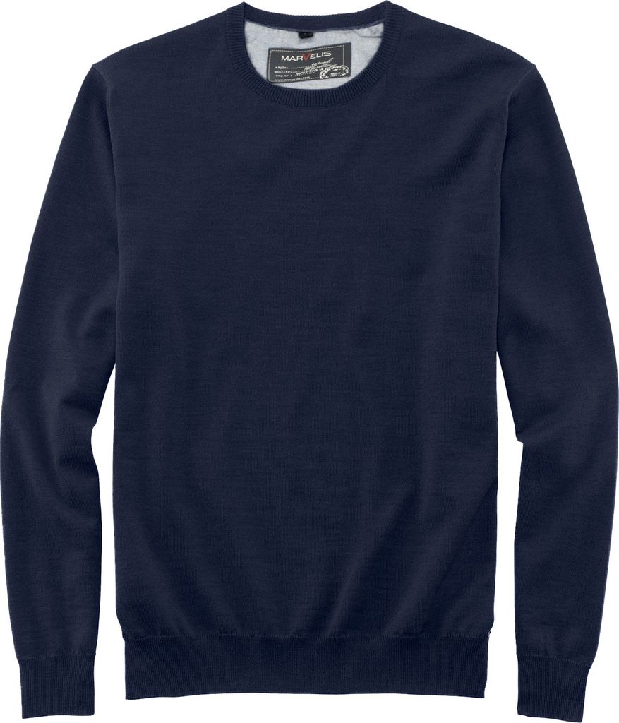 MARVELIS modern fit trui katoen, O-hals, marine blauw