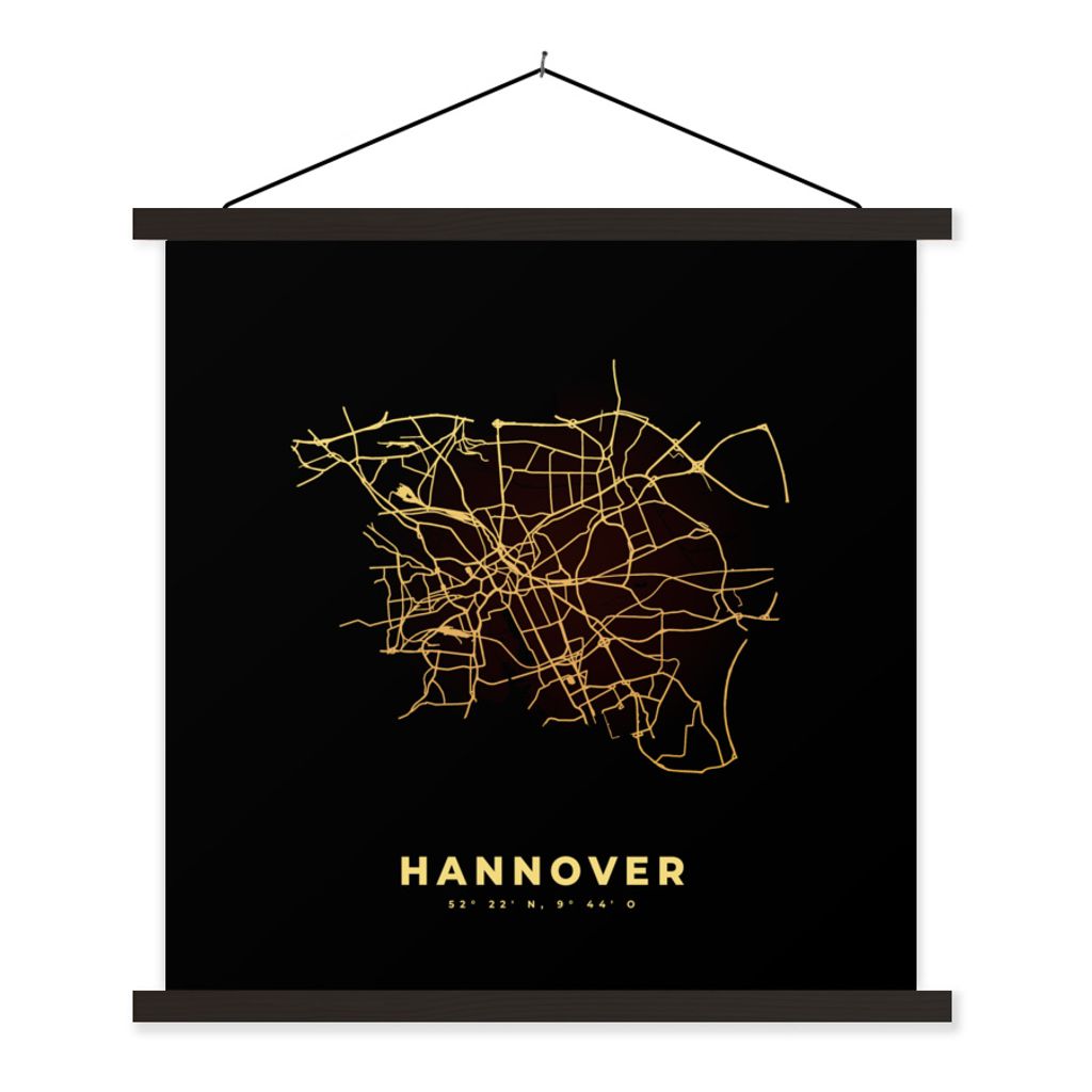 MuchoWow Textilposter Karte - Hannover - Gold - Stadtplan - Karte 40x40 cm mit schwarzem Rahmen - Fotos