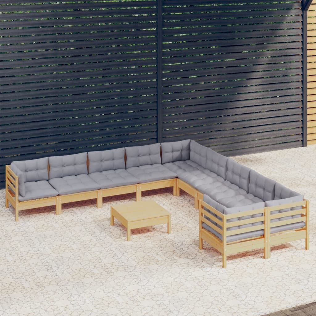 The Living Store 11-tlg. Garten-Lounge-Set mit Grauen Kissen Kiefernholz