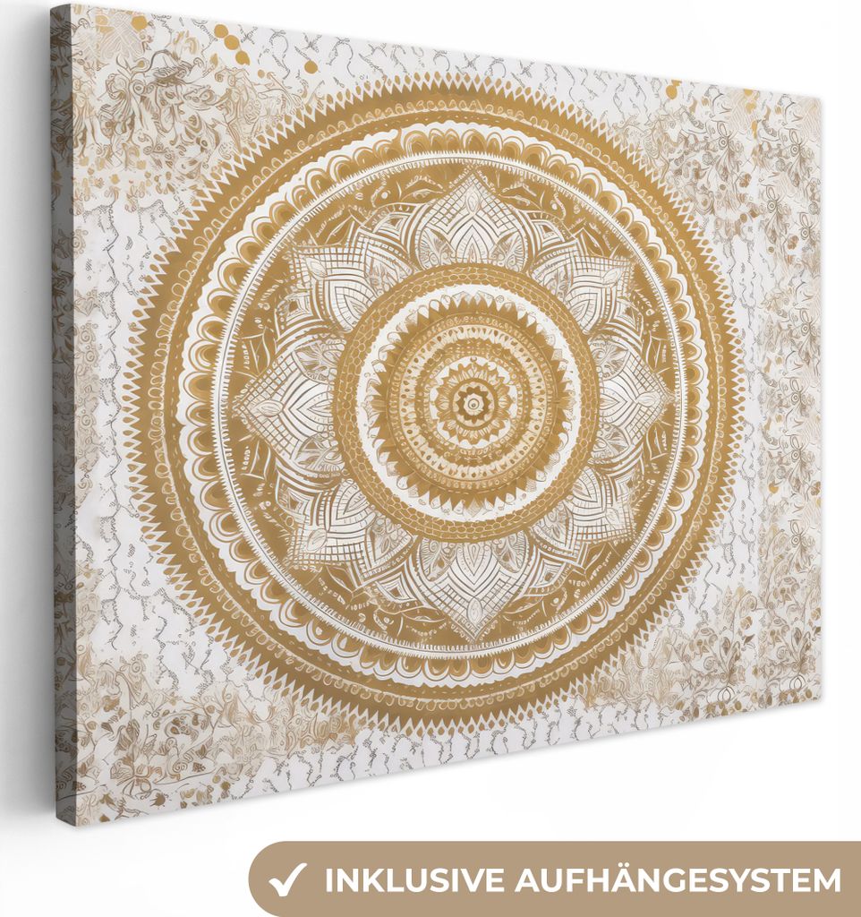 MuchoWow - Leinwandbilder - Mandala - Blumen - Gold - Weiß - Design, Wandbild, Wanddeko Bilder Wohnzimmer, 40x30 cm