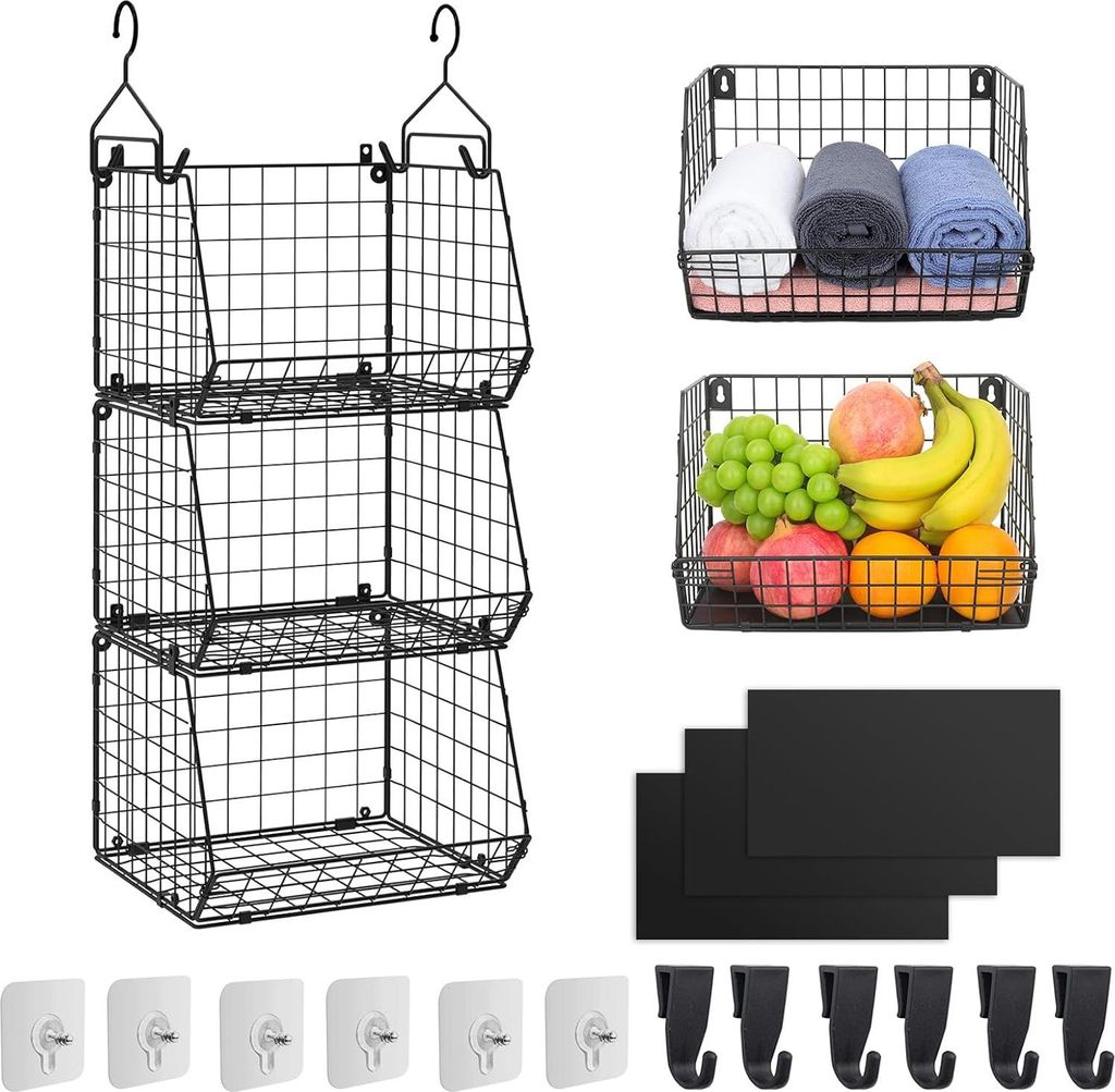 Obstkorb Hängend 3 Etagen Obstkörbe Obst und Gemüse Aufbewahrung Faltbar Abnehmbare mit 6 Haken Fruit Basket Hängekorb Küche obstkorb wand hä...