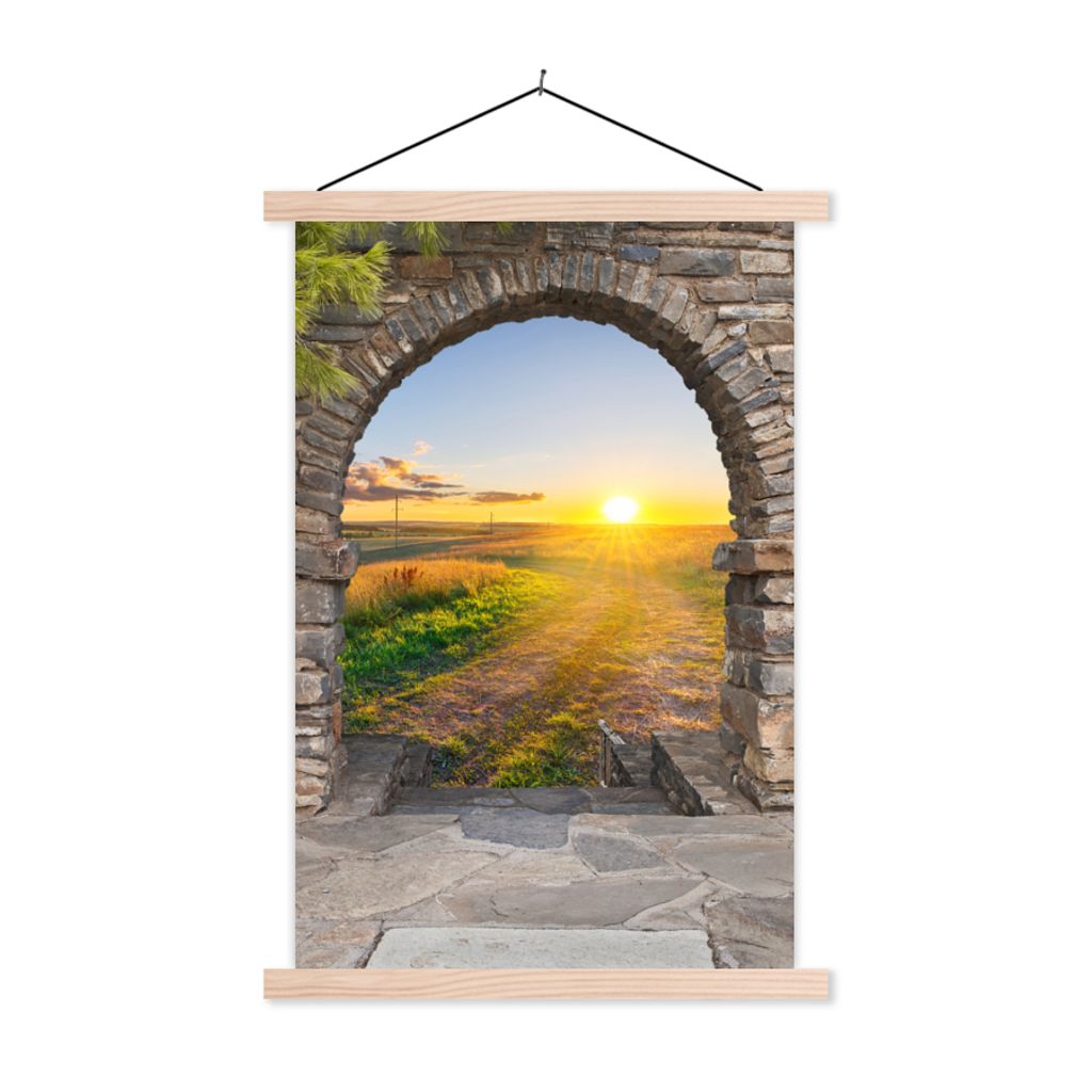 MuchoWow Textilposter Landleben - Sonne - Aussicht - Landschaft 60x90 cm mit holzfarbenen Rahmen - Textil