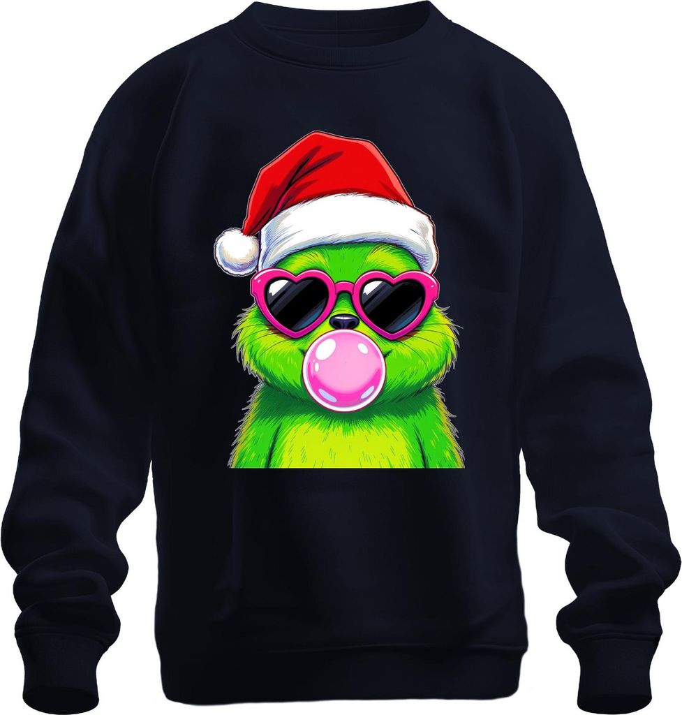 Weihnachtsmonster Grün Bubblegum Kaugummi Herzbrille Santa Cool Uni Sweatshirt Pullover, Navy, S
