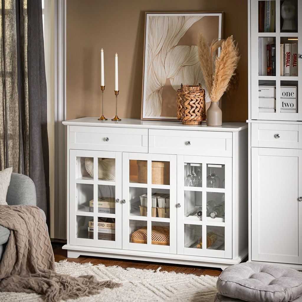 Küchenschrank - FSB77 Sideboard - Mit Glastür - Freistehend - MDF - Moderner Stil - 119×90×40 cm - Montage Erforderlich - Weiß