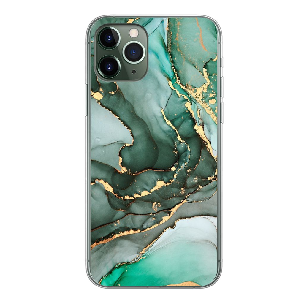 MuchoWow Handyhülle Schutzhülle Hülle für iPhone 11 Pro Gold - Marmor - Grün - Luxus - Marmoroptik - Grau Silikon Softcase Handy Hülle - Handy