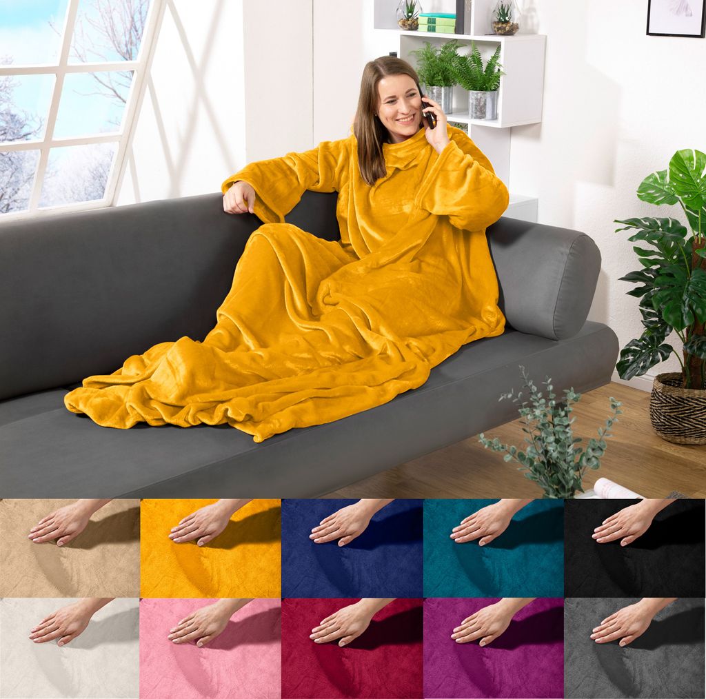 heimtexland Ärmeldecke TV Kuscheldecke mit Ärmeln Taschen Fußsack Super Soft Flanell tragbare Decke Ganzkörperdecke Typ870 Safran 200x170 cm