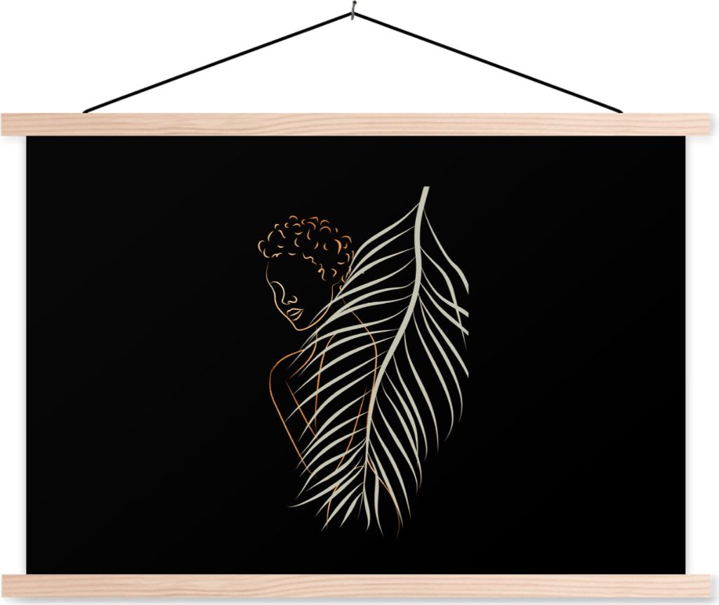 MuchoWow Textilposter Frau - Feder - Strichzeichnung 120x80 cm mit holzfarbenen Rahmen - Aufhängeset