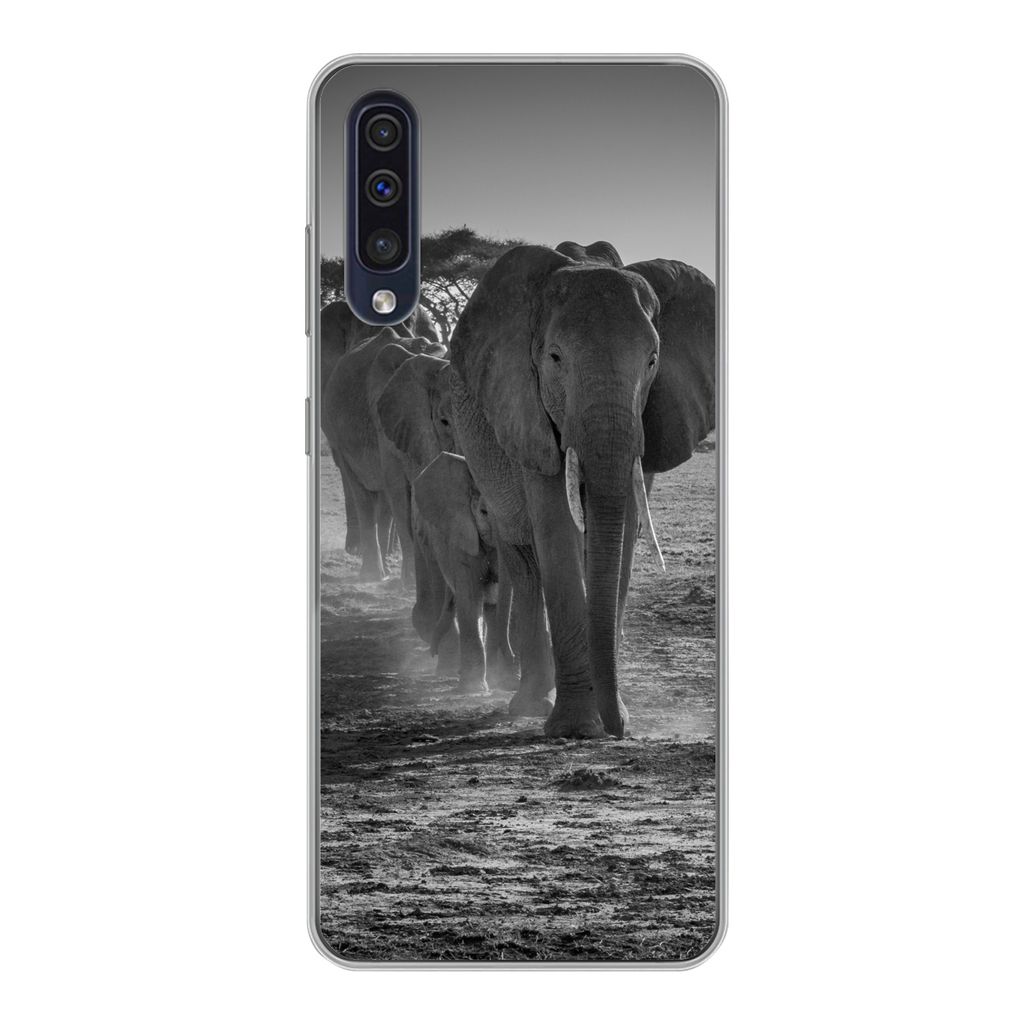 MuchoWow Handyhülle Schutzhülle Hülle für Samsung Galaxy A30s Elefant - Einfarbig - Tiere - Schwarz - Weiß Silikon Softcase Handy Hülle - K...