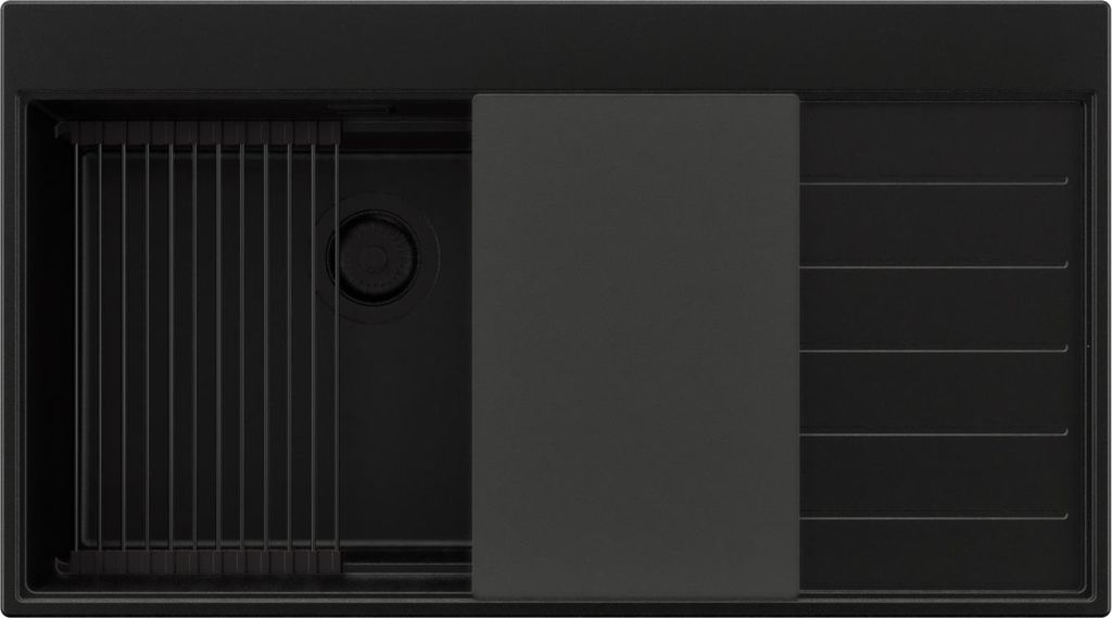 PRIMAGRAN Spülbecken Alles Schwarz 90x50cm, Granitspüle 1 Becken + Ablauf-Set + Küchenzubehörset, Küchenspüle ab 60er Unterschrank - Sydney