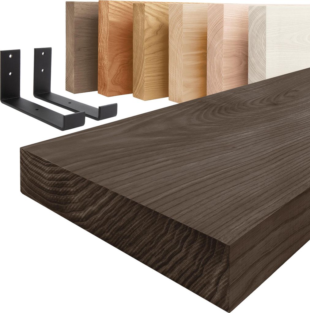 LAMO Manufaktur Wandregal Holz Gerade | Regal Farbe: Schwarz | mit schwarzem Industrial Regalträger | 50 cm