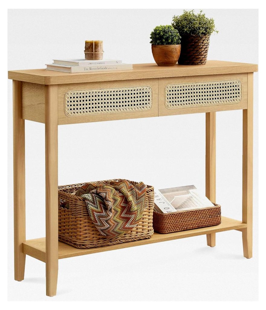 Konsolentisch, Flurtisch, Möbel für den Flur, schmaler Sofatisch für das Wohnzimmer, mit 2 Schubladen, offener Ablage, abgerundeten Ecken, im Bo...