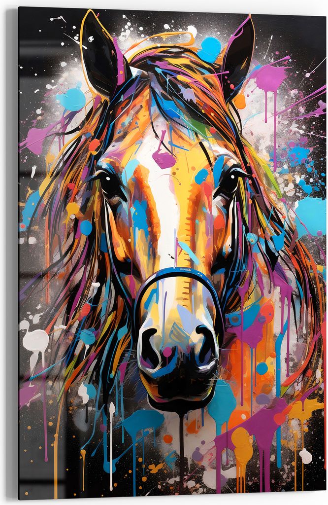 DEQOART Glasbild Echtglas 60x90 cm 'Pferd im Farbenfest' Wandbild Bild modern Deko