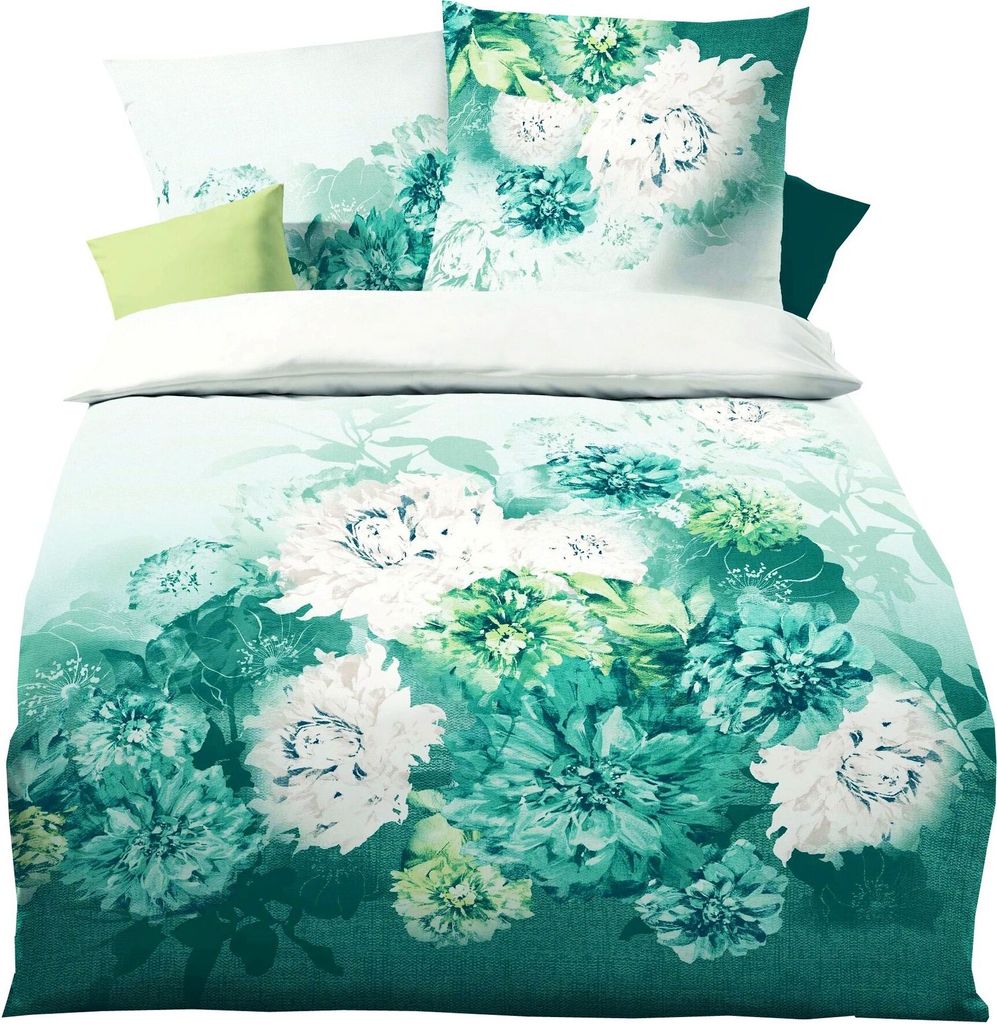 Kaeppel Mako Satin Bettwäsche 2 tlg. 135x200cm / 155x220cm Flamenco Jade Grün Offwhite Blütentraum, Größe:135x200cm Bettwäsche